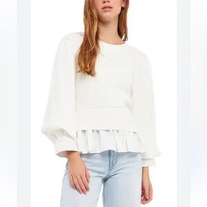 English factory ruffle mix fabric sweater White Women's Top blouse